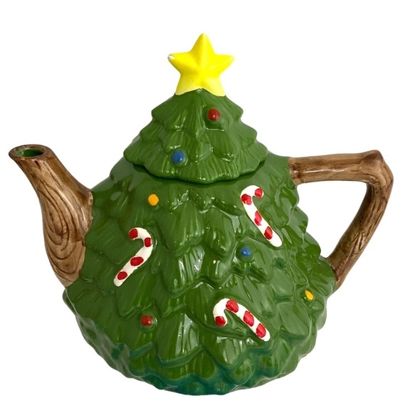Holiday Teapot Christmas Tree Whimsical Vintage Glazed Ceramic Hand Painted - Picture 12 of 16